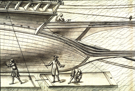 Geometric description of all of the parts included in the construction of a galley, engraving by Debenat