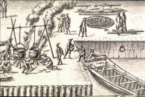 Geometric description of all of the parts included in the construction of a galley, engraving by Debenat