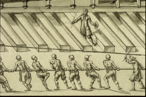 Geometric description of all of the parts included in the construction of a galley, engraving by Debenat