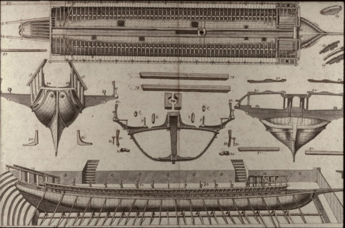 Geometric description of all of the parts included in the construction of a galley, engraving by Debenat