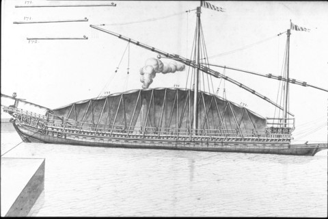 Geometric description of all of the parts included in the construction of a galley, engraving by Debenat