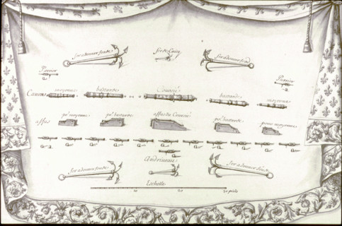 Geometric description of all of the parts included in the construction of a galley, engraving by Debenat