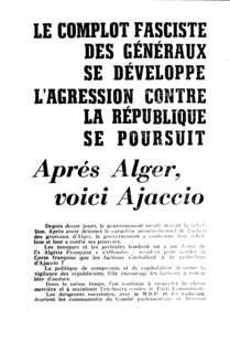 Tract du Parti communiste français au moment du coup d'état des généraux