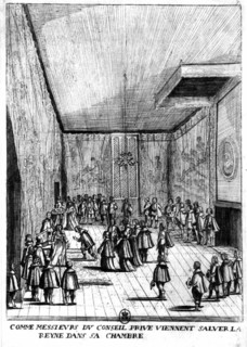 As the Gentlemen of private counsel come to greet the Queen in her room (underLouis XIII)