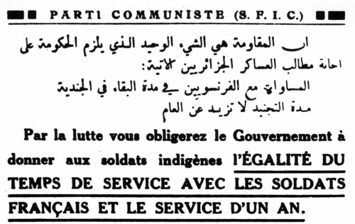 French Communist Party flyer against militarizing Algerians - reverse side