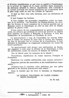 Tract of the French Communist Party after the conspiracy of the  generals