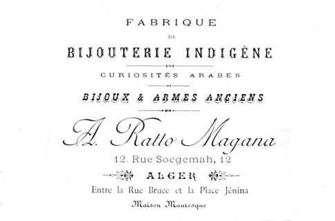Advertising postcard for a native jewelry maker and the sale of jewels and old weapons