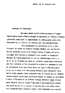 Letter from Giberte Alleg to the President of the French Republic, after the arrest of her husband and Maurice Audin