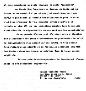 Letter from Giberte Alleg to the President of the French Republic, after the arrest of her husband and Maurice Audin