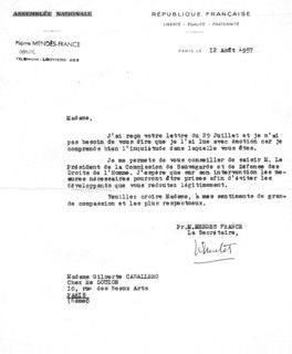 Letter from Mr. Pierre Mendès-France to Mrs. Caballero concerning the imprisonment of her husband