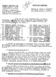 Permanent court of the armed forces in Algiers. Summons to appear at the hearing on 3-11-1958
