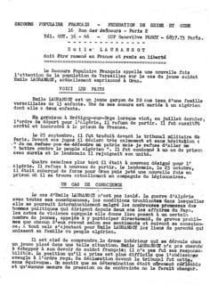 Tract put out by Secours populaire français concerning  Emile Lauransot, a draft resister