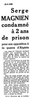 Article in the newspaper l'Humanité concerning Serge Magnien, a draft resister