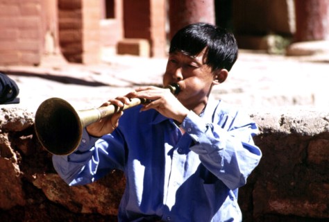 Un homme jouant d'un instrument folklorique traditionnel