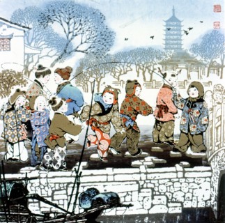 Estampe chinoise, enfants en train de jouer