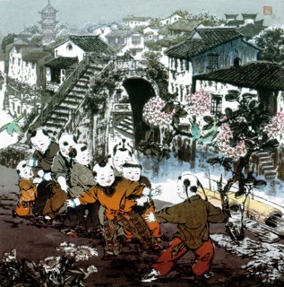 Estampe chinoise, enfants en train de jouer