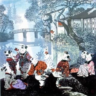 Estampe chinoise, enfants en train de jouer