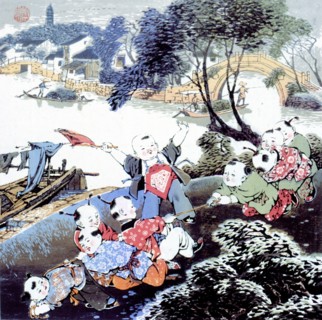 Estampe chinoise, enfants en train de jouer