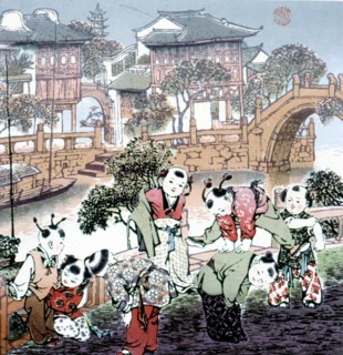 Estampe chinoise, enfants en train de jouer