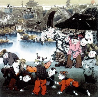 Estampe chinoise, enfants en train de jouer