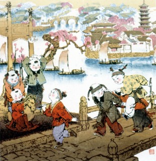 Estampe chinoise, enfants en train de jouer