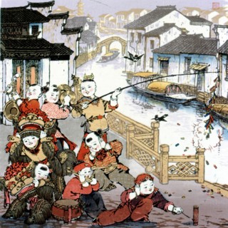 Estampe chinoise, enfants en train de jouer