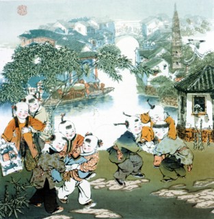 Estampe chinoise, enfants en train de jouer