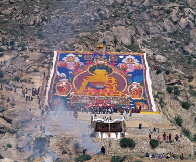 Buddha portrait-unfolding to celebrate Shouton Festival in Drepung Monastery, Tibet, China