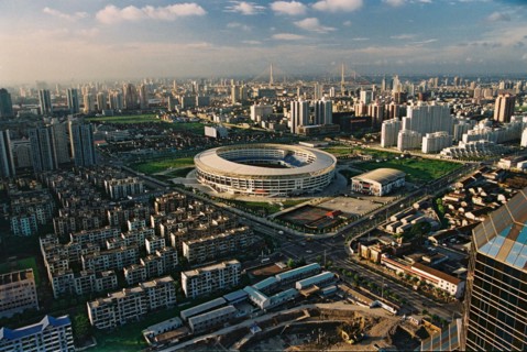 Distant view of Pudong Stadium in Shanghai,China