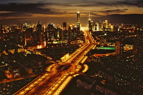 The nightscape of Century Avenue of Pudong,Shanghai,China