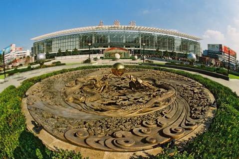 Two dragon-shaped sculpture in the front of Shanghai railway station, Shanghai,China