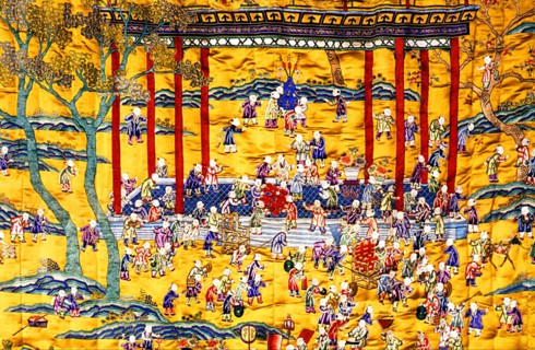 Bed-curtain embroidered with hundreds of boy used in the bridal chamber during the emperor's wedding in Qing Dynasty