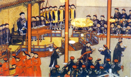 Painting depicts a official dinner party hosted by emperor Qianlong in Ziguang pavilion at Zhongnanhai, Qing Dynasty