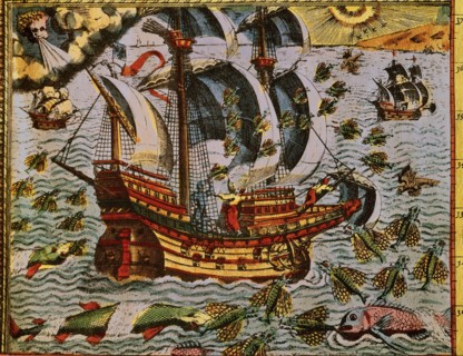 Poissons volants heurtant le navire de Magellan dans le Pacifique