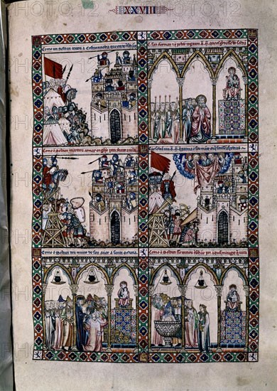 ALFONSO X EL SABIO 1221/84
MTI1-CANTIGA STA MARIA- Nº 28 -FOL 43 R-LA VIRGEN DEFIENDE