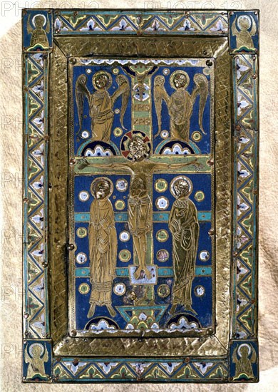 ESMALTE DE LIMOGES - CUBIERTA DE EVANGELIARIO-MITAD S XII-CRUCIFICADO,VIRGEN,S.JUAN Y