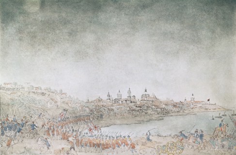 The army of British invadors being driven back by the Spanish while attacking Buenos Aires