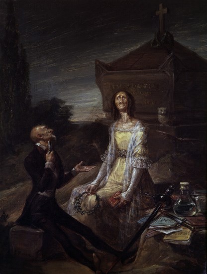ALENZA LEONARDO 1807/45
SATIRA DEL SUICIDIO ROMANTICO POR AMOR - 1830 - O/L 35x26 - PINTURA