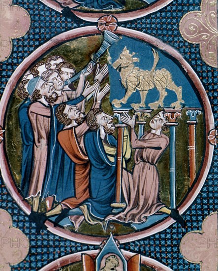 BIBLIA DE SAN LUIS-1226/34- TOM I PG 49V-EL PUEBLO ADORA EL  BECERRO DE ORO-EXODO-ANTIGUO