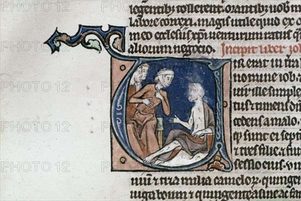BIBLIA S XIII- MS 559 - LETRA V-  PAGINA 313V- JOB CAE ENFERMO DE UN ULCERA MALIGNA-
MADRID,