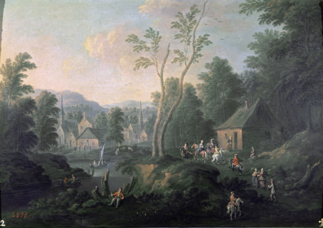 Paysage avec rivière, barque et pêcheurs