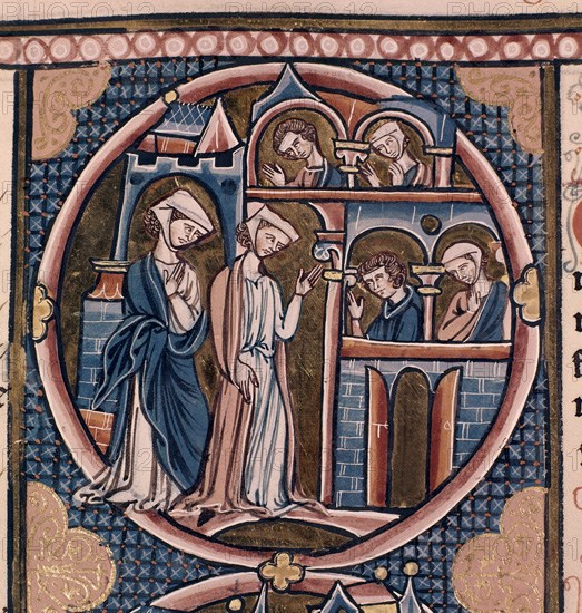 BIBLIA DE SAN LUIS DE FRANCIA-1226/34- RUTH Y NOEMI ENTRAN EN LA CIUDAD DE BELEN-MINIATURA