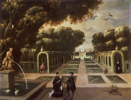 Anonyme, Jardins et palais du Prado avec le roi Philippe IV