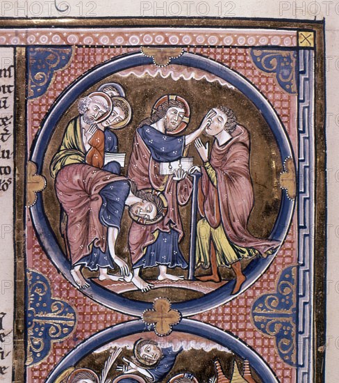BIBLIA DE SAN LUIS-CURACION DE UN CIEGO DE NACIMIENTO-MILAGRO DE JESUS-S XIII MINIATURA