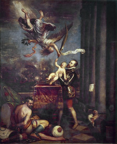 Titien 1485/1576
FELIPE II VENCE EN LEPANTO,OFRECE AL CIELO AL PPE D FERNANDO,H.1575.L3,35x2,74