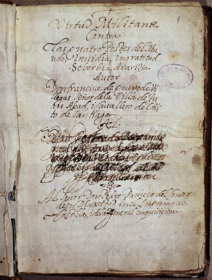 QUEVEDO FRANCISCO 1580/1645
VIRTUD MILITANTE CONTRA 4 PESTES
SANTANDER, BIBLIOTECA MENENDEZ