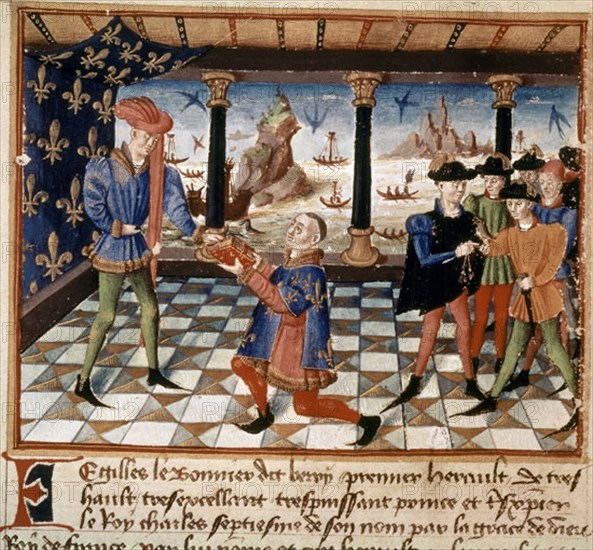 CARLOS VII EN PALACIO RECIBE LIBRO DE GILLES-S XV - LIBRO HORAS DUQUE DE BERRY-12929 FR 4985 F13