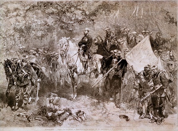 GRABADO - DON CARLOS RODEADO DE SUS TROPAS - S XIX