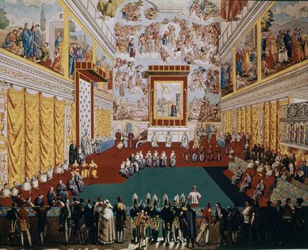 GRABADO-REUNION EN LA CAPILLA SIXTINA DEL VATICANO    S XIX
MADRID, COLECCION