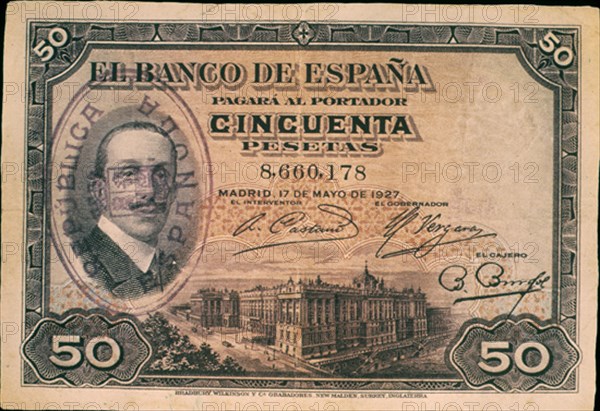 BILLETE DE 50 PESETAS 1927
MADRID, BANCO DE ESPAÑA-DOCUMENTOS
MADRID

This image is not